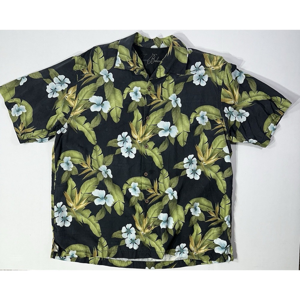 Tommy Bahama Men's XL Hawaiian Shirt Black Floral 100% Silk Camp Aloha Island